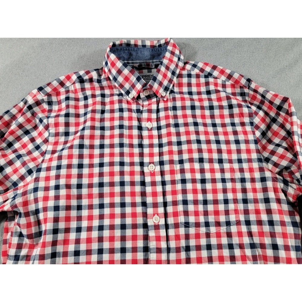 Express Fitted Mens Small Gingham Check L/S Button-Up Shirt Blue Red White